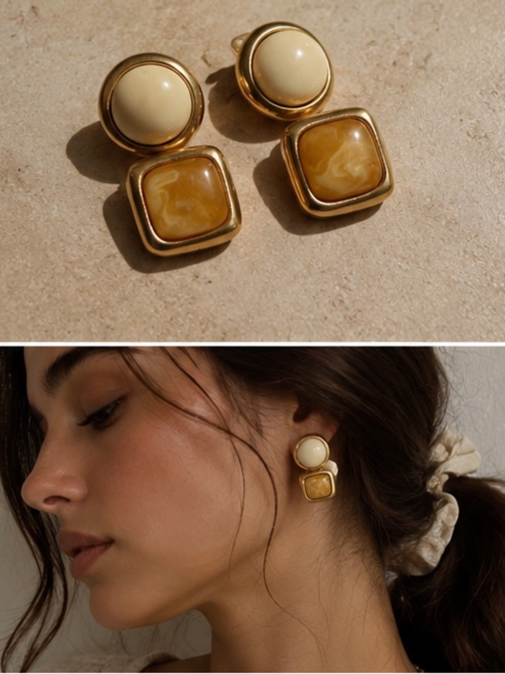 NORMA JEAN DESIGN | Vintage Amber Brushed Gold and Cream Clip On Earrings
